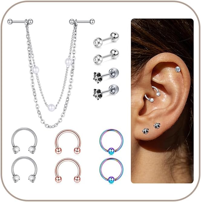 Detalle de AceFun Ohr Helix Tragus Piercing Knorpel Creolen – 4 Paare aus Edelstahl, 1,2 mm Gauge, 6/8 mm Stangen