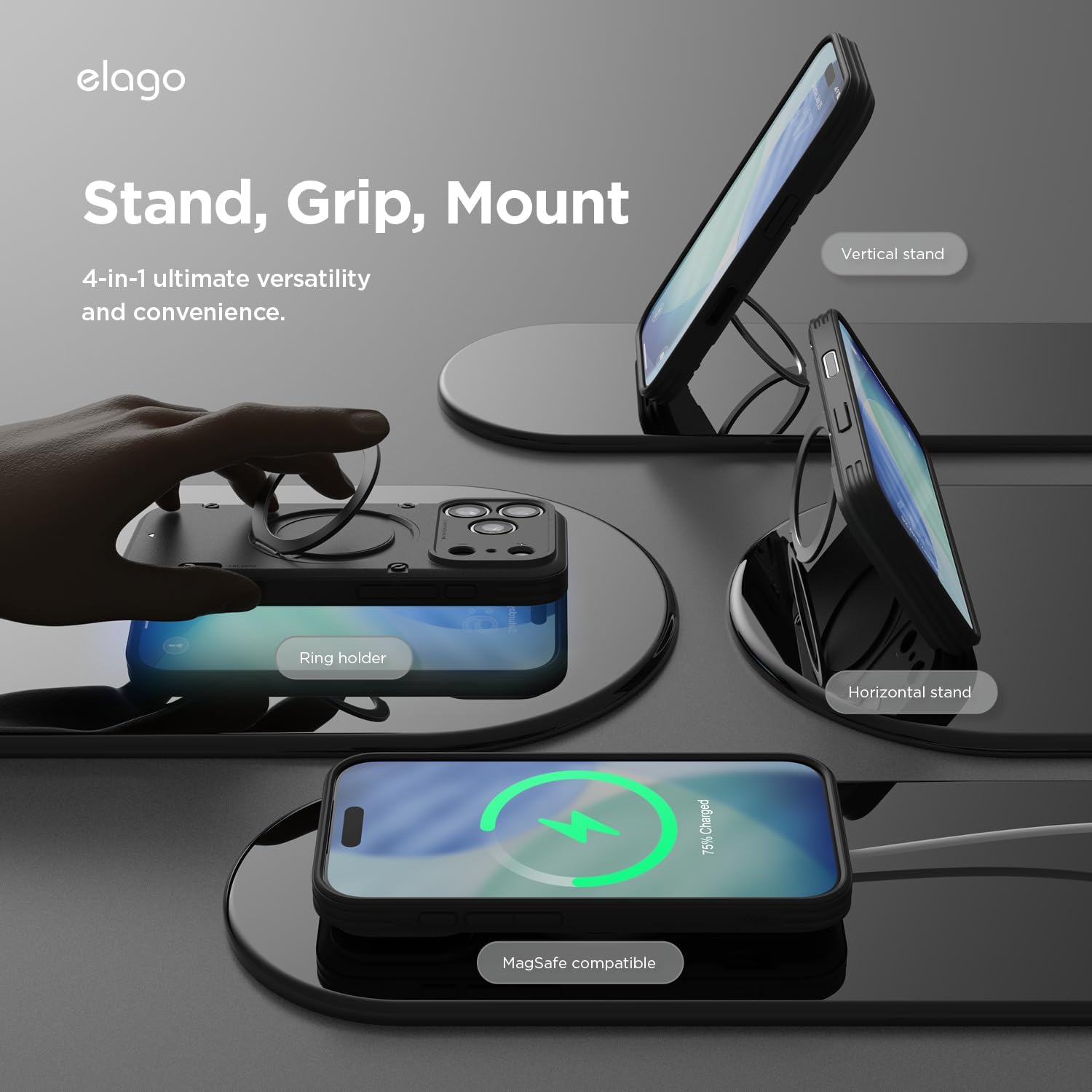 Detalle de elago ES17MSAMST63PRO-BK Magnetic Ring Stand Case for iPhone 17 Pro and 18 Pro