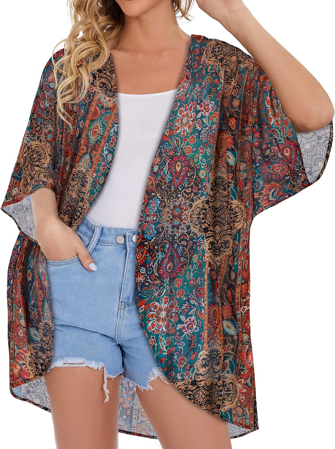 Detalle 2 de CHICALLURE Floral Chiffon Kimono Cardigan, Sheer Open-Front Beach Cover-Up
