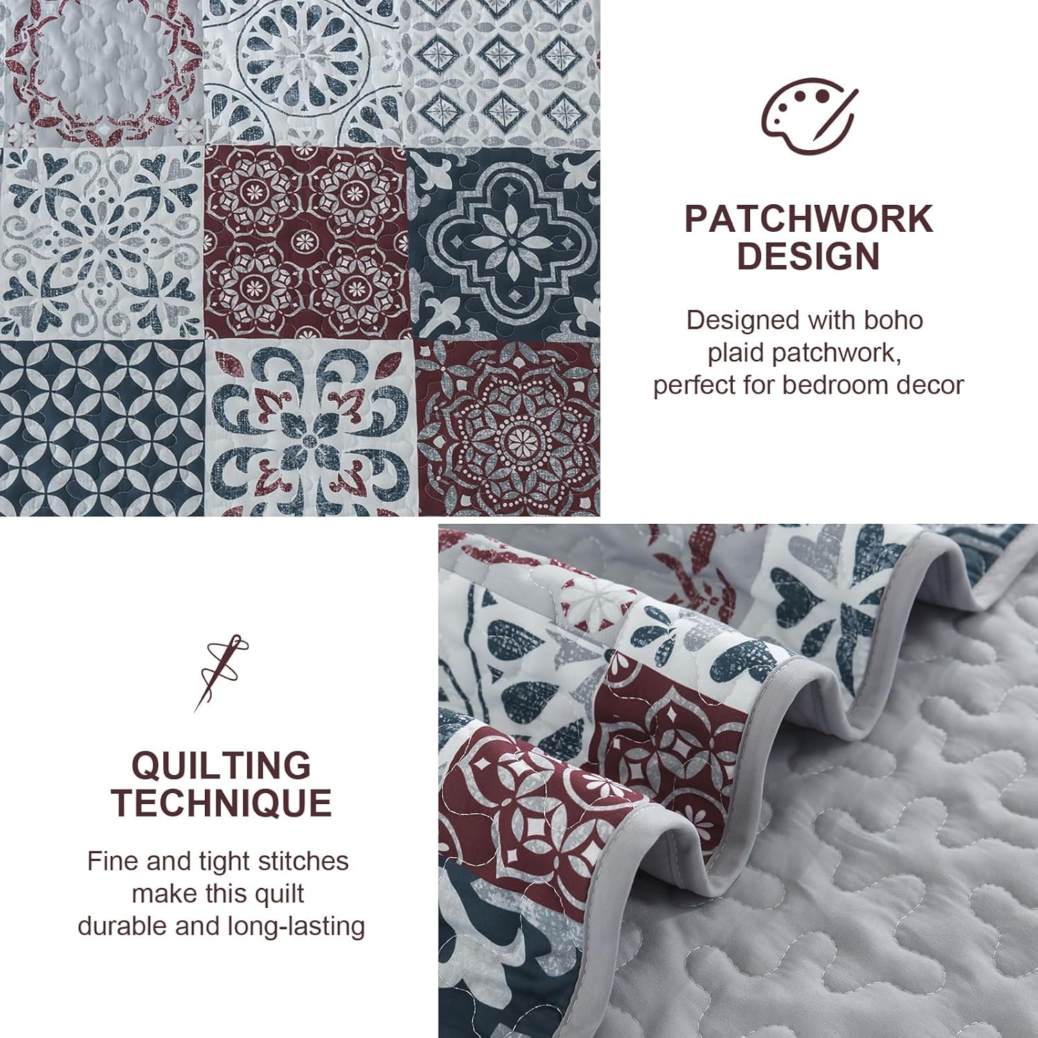 Thumbnail 3 de Dobuyly Patchwork Quilt Set Queen Size Boho Plaid Bedspread - 3 Pieces, Red Grey, Microfiber