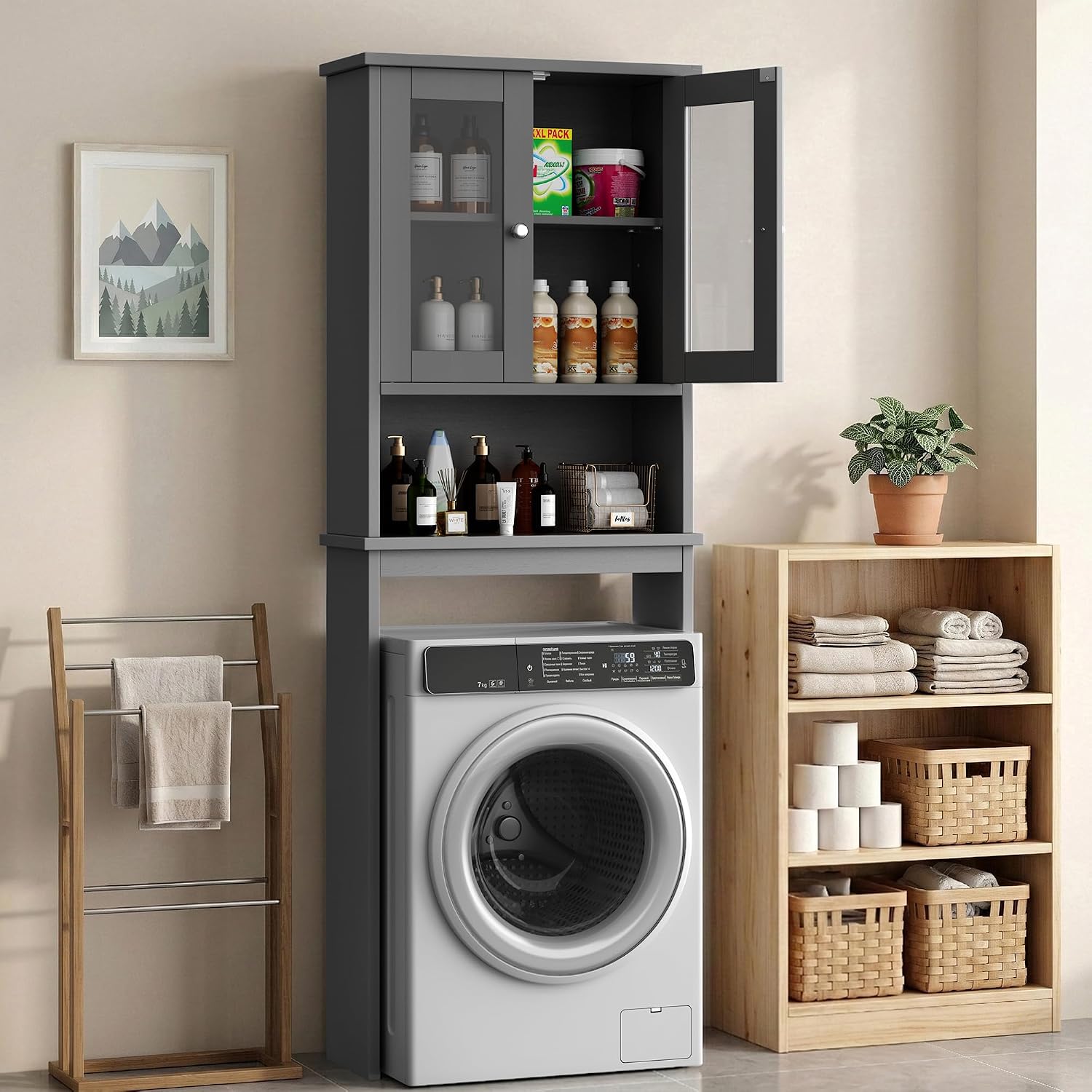 Detalle 2 de Shintenchi Over-the-Toilet Storage Cabinet, Grey, Adjustable Shelf and Glass Door