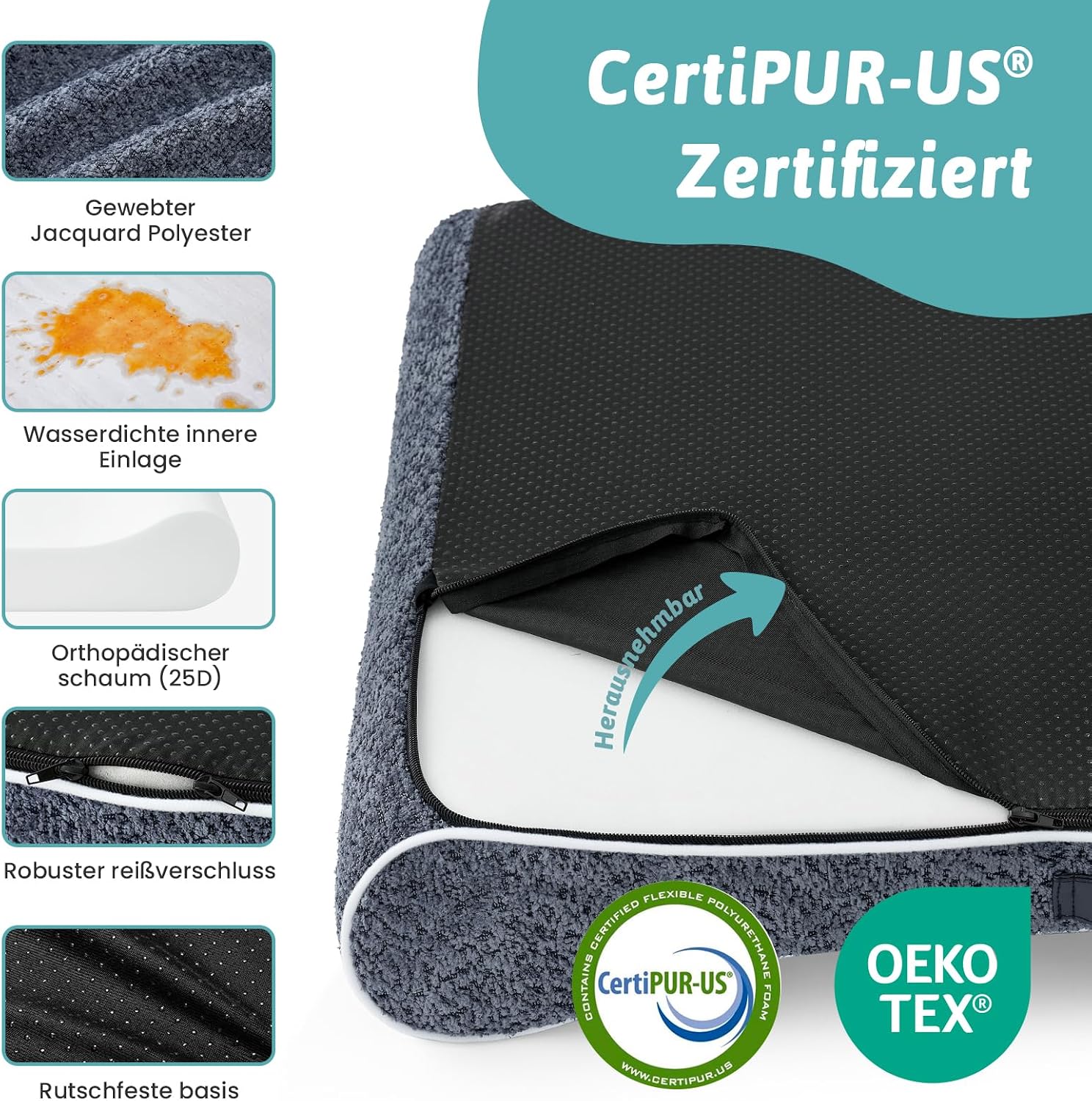 Detalle de COZY KISS Orthopädisches Hundebett für Große Hunde – 114x76x15 cm, Blau