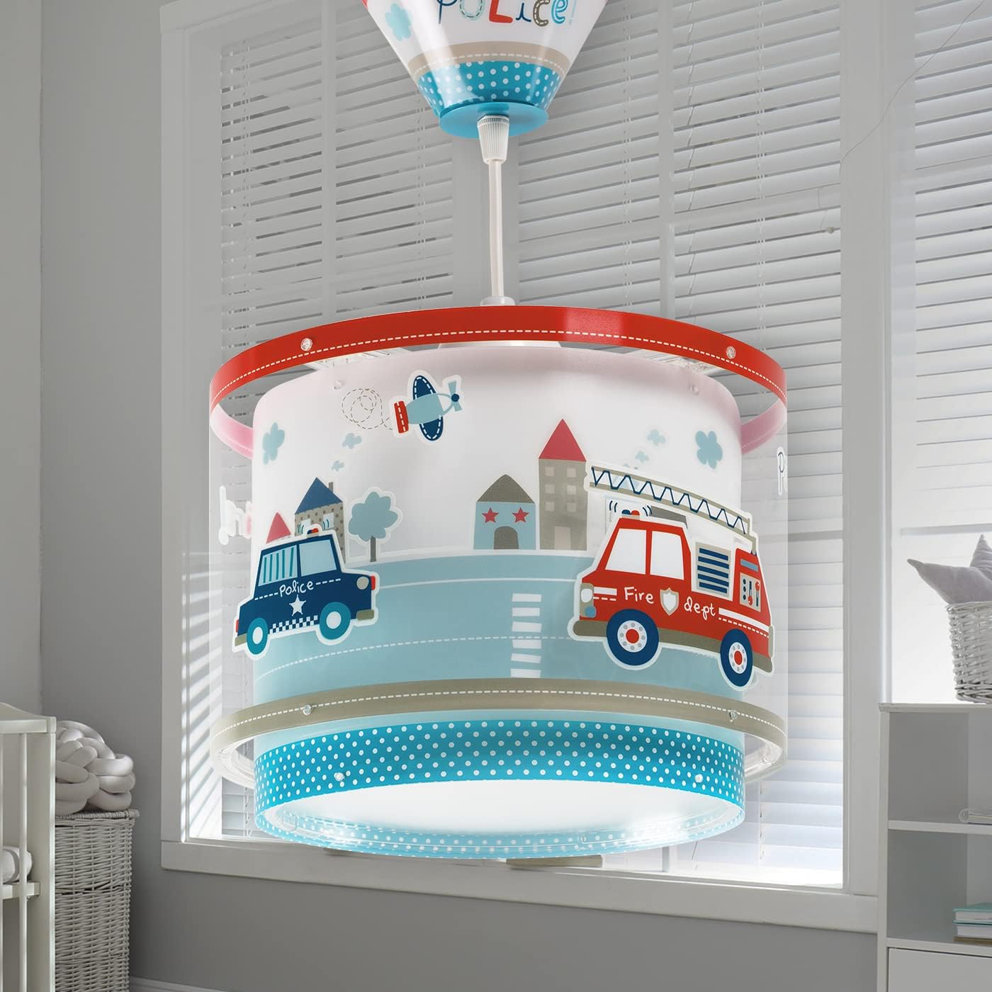 Detalle 2 de DALBER POLIZEI Pendelleuchte – Kinderzimmerlampe Blau, 26.5 × 26.5 × 21 cm