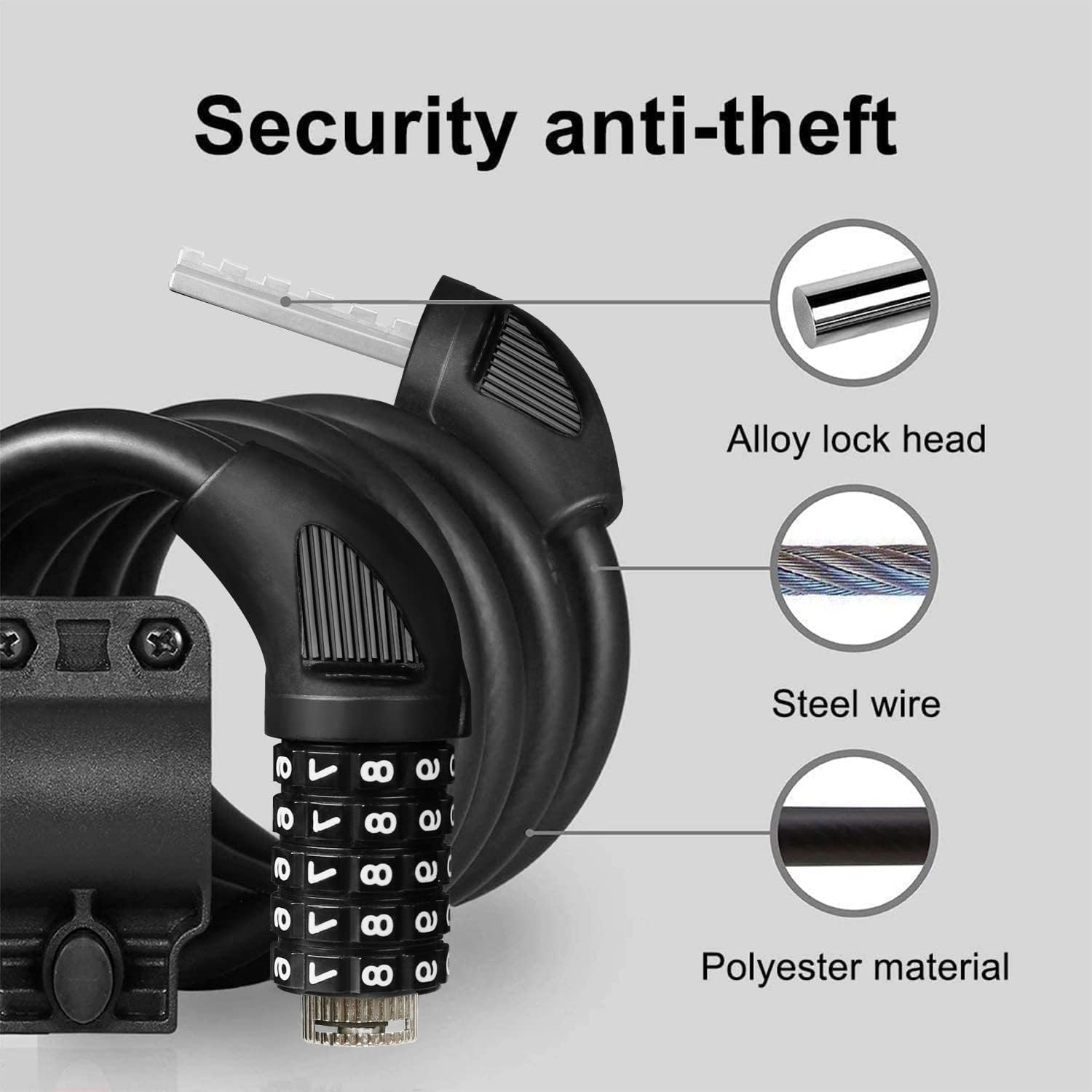 Detalle 2 de Bike Lock Cable Bicycle Lock – resettable 5-digit high-security combination lock (1500mm x 12mm)