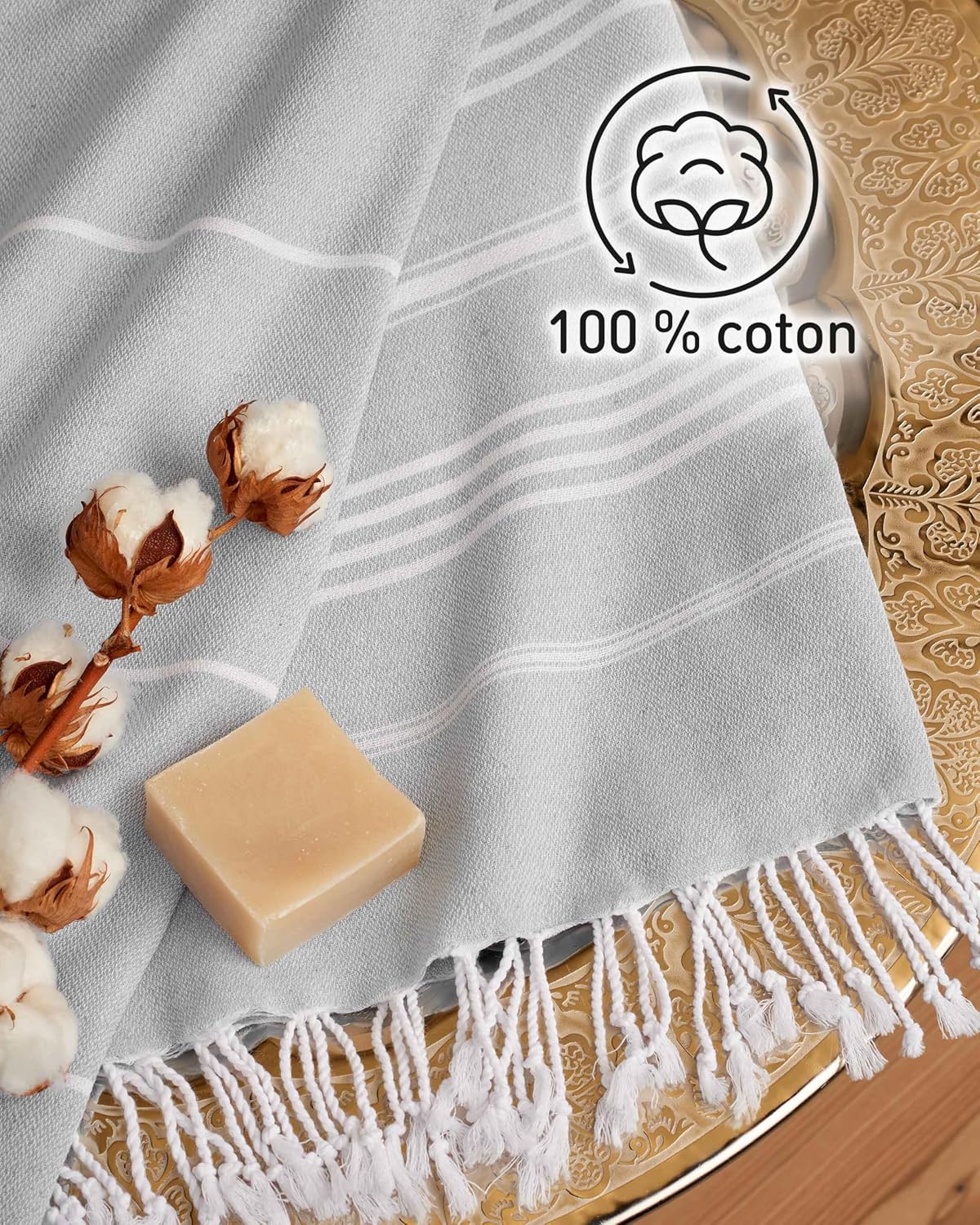 Detalle de Fit-Flip Serviette de Plage hammam – Fouta en coton 100% 100x200 cm, Gris Clair