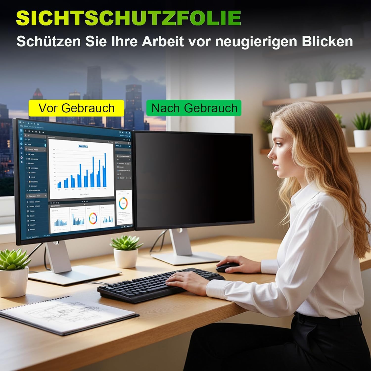 Detalle de ruord Sichtschutzfolie für 24 Zoll 16:9 Monitor – Blaulichtfilter, Blendschutz und abnehmbarer Blickschutz (53,1 × 29,9 cm)