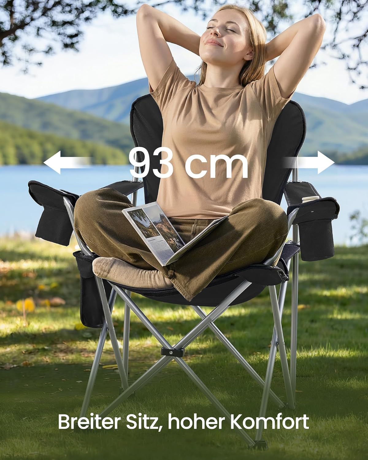 Detalle de SONGMICS Campingstuhl GCB005BH01 – klappbar, breiter Sitz, hohe Rückenlehne, inkl. Getränkehalter und Handyhalter