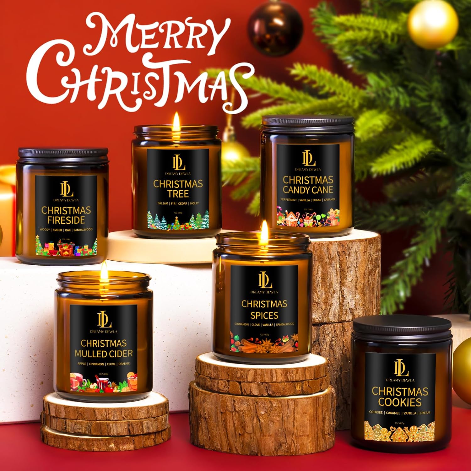 Detalle 2 de DL DREAMY DEWLA Christmas Candle Set, 6 Soy Wax Jars, 42 oz, 6 Holiday Scents
