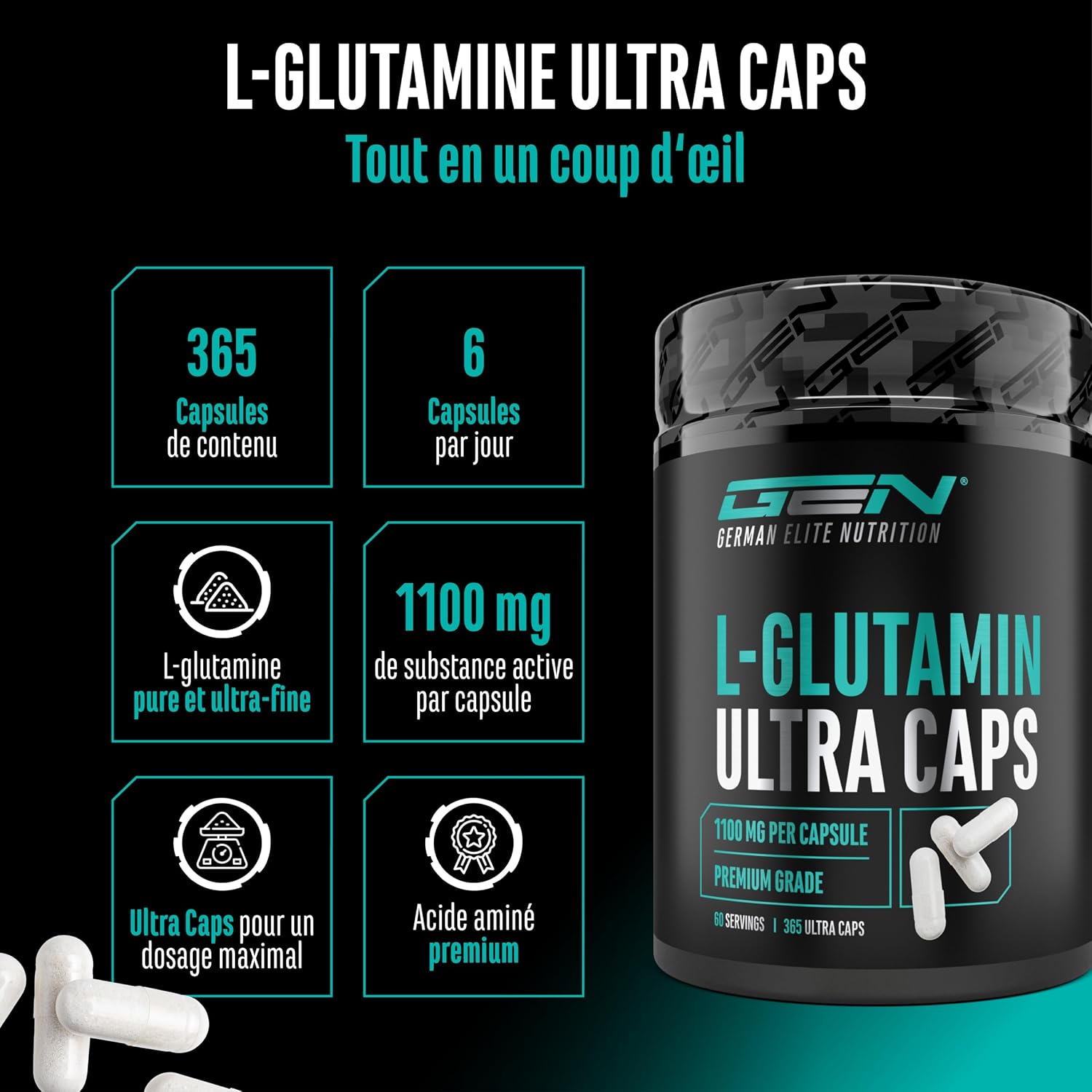 Detalle 2 de GEN German Elite Nutrition L-Glutamine Ultra Caps – 365 gélules de 1.100 mg (L-glutamine pure)