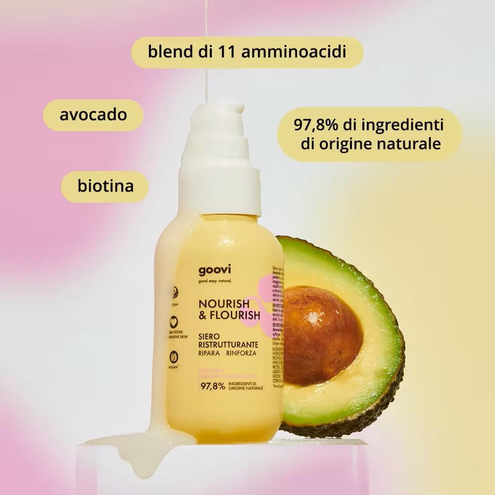 Detalle de Goovi Nourish and Flourish Siero Capelli Ristrutturante et Nutriente con Avocado, Biotina e Amminoacidi