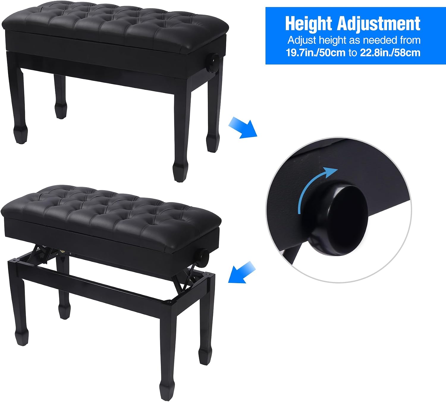 Thumbnail 6 de ALAPUR 50528 Adjustable Duet Piano Bench with Storage, Black PU Leather