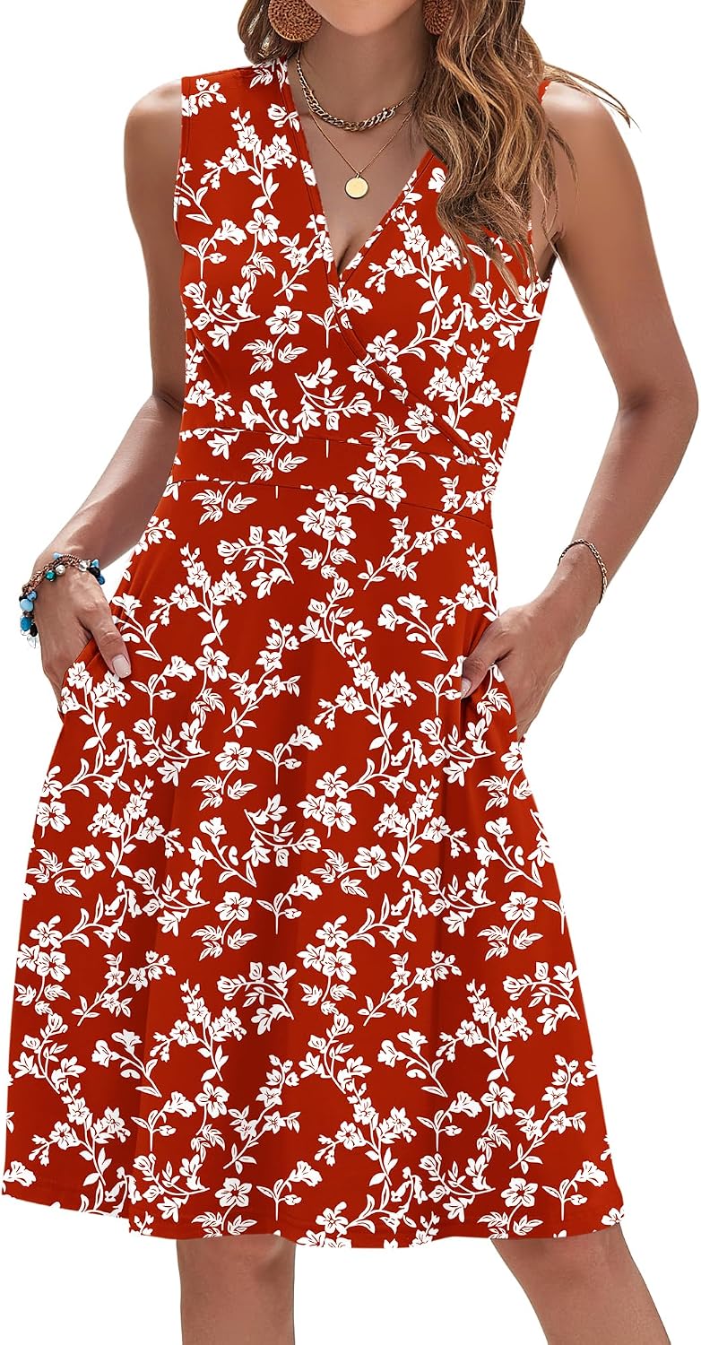 Detalle de WNEEDU 61103 Women’s Sleeveless Summer Dress with Floral Print and Pockets