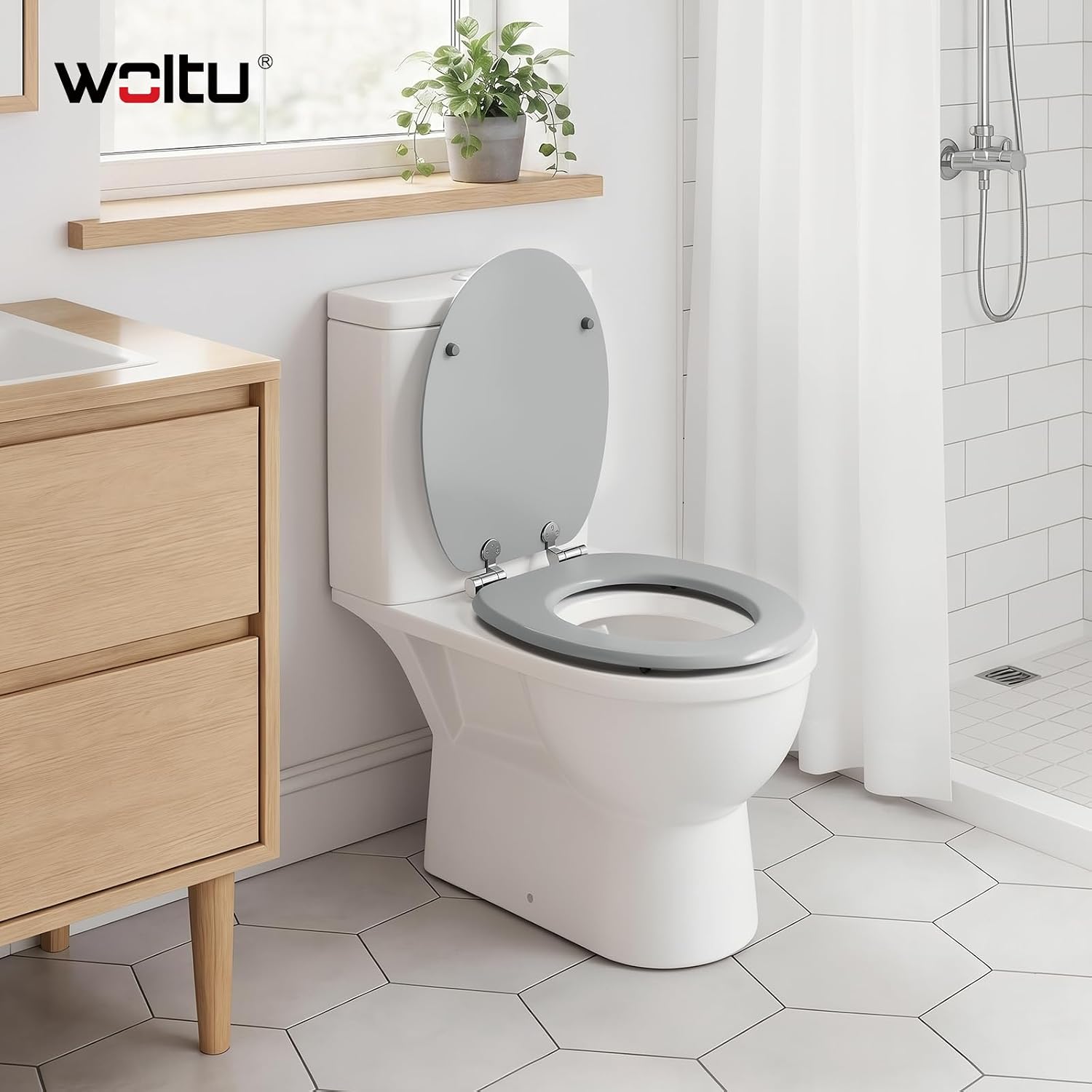 Detalle de WOLTU Toilettendeckel mit Absenkautomatik – O-Form aus MDF, 175 kg belastbar, Grau