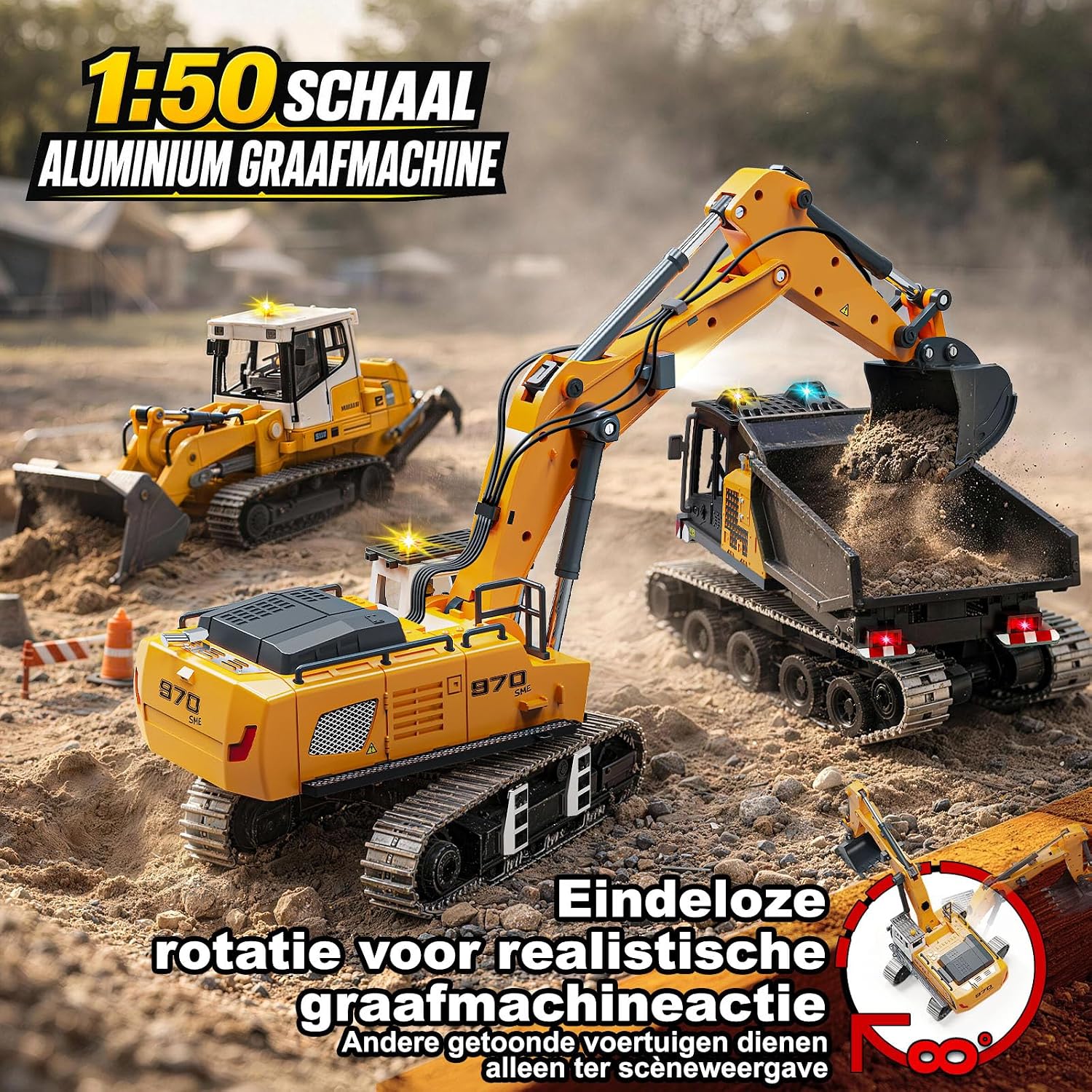 Detalle de Womaqu YG970 RC-graafmachine 1:50 met metalen bak, rupsbanden en 2,4GHz-bediening