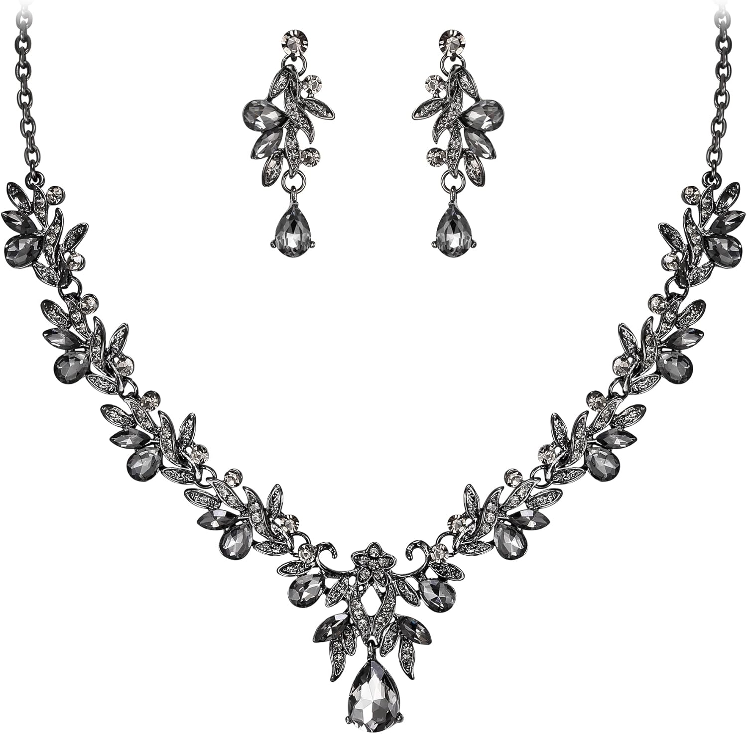 Thumbnail 5 de Clearine set di gioielli costume con collana e orecchini pendenti in stile goccia/foglia con strass