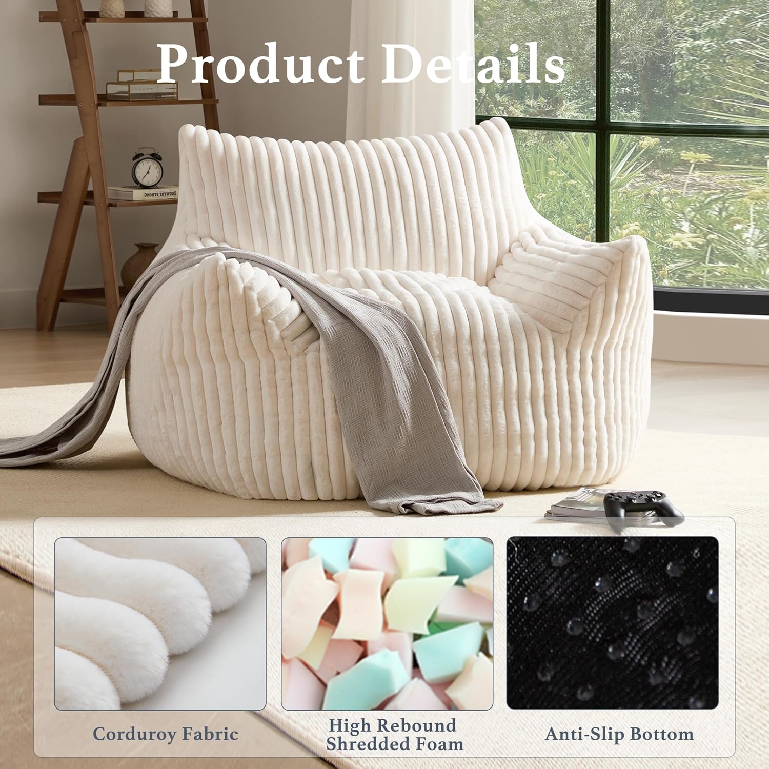 Detalle de Giant Plush Bean Bag Chair Oversized Beige 🛋