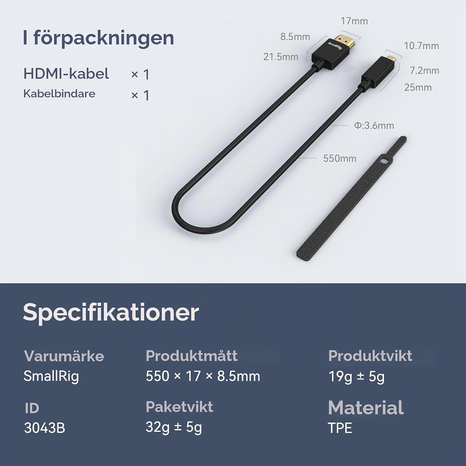 Detalle de SMALLRIG 3043 HDMI-kabel, 55 cm, ultratunn och flexibel med stöd för 4K@60Hz