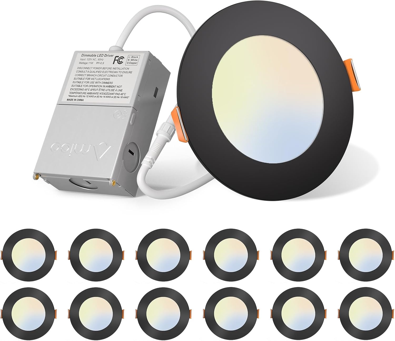 Detalle de Amico 1212006 4-Inch Slim Recessed LED Pot Lights, 12-Pack, Black, 5 CCT