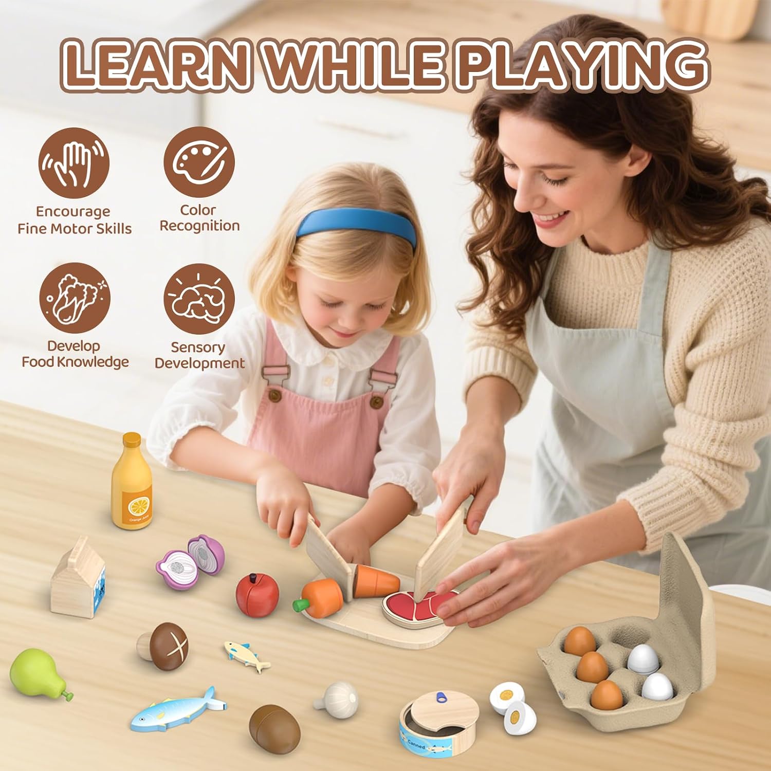 Detalle de Kinderküche Zubehör Holz – Spiel-Lebensmittel-Set zum Schneiden (Obst & Gemüse) ab 3 Jahren