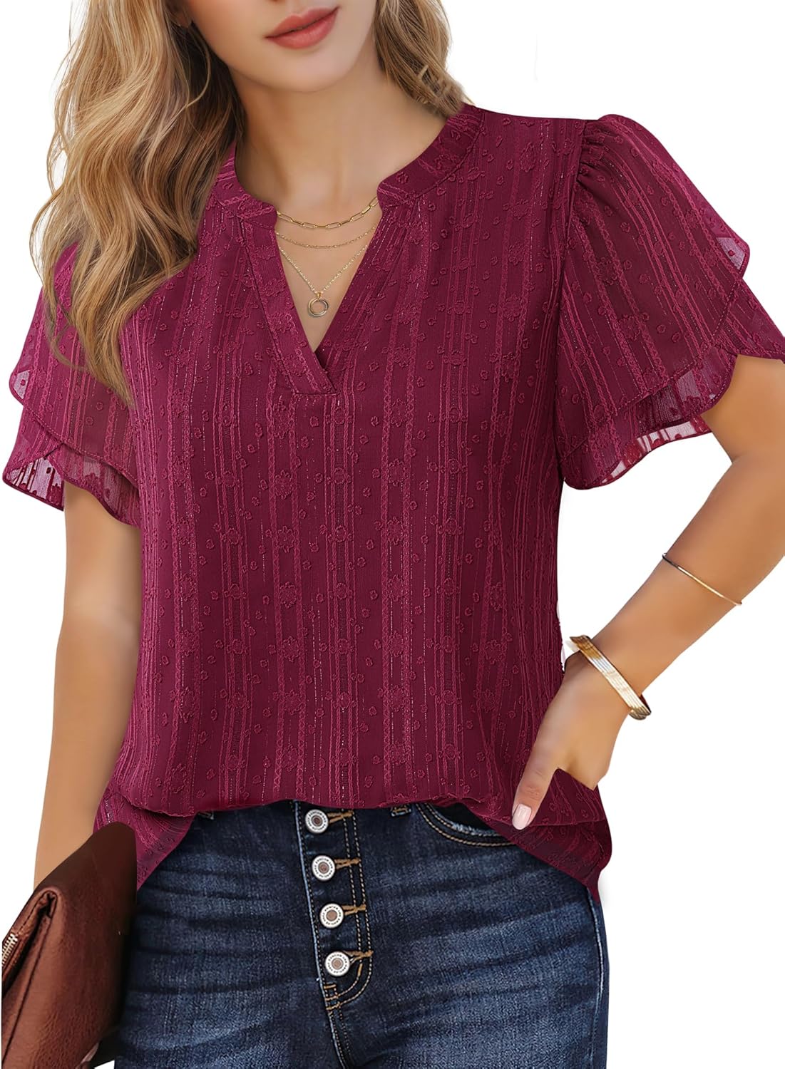 Thumbnail 3 de Lotusmile Women's Dressy Chiffon Blouses: Summer Puff Petal Short Sleeve V-Neck Top