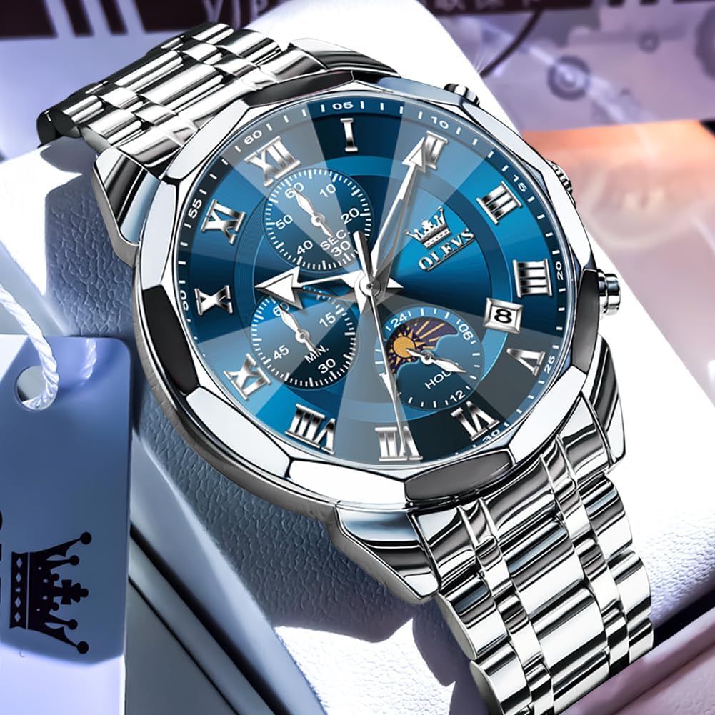 Thumbnail 2 de OLEVS Herren Uhr Quarz Luxus – Multifunktion Chronograph Mondphase, Edelstahl, 3 ATM