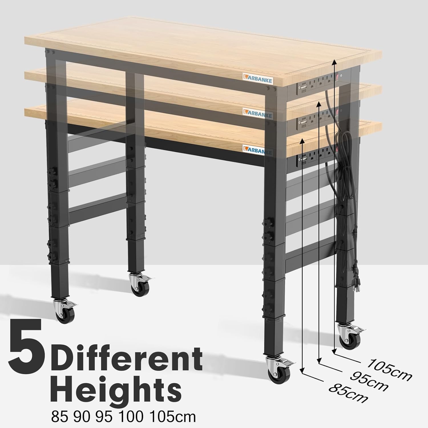 Detalle de LARBANKE 120 cm heavy-duty workbench with adjustable height, rubber wood top and power strip