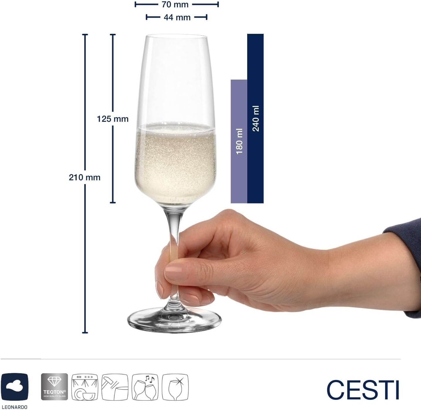 Detalle 2 de LEONARDO HOME Sektgläser CESTI (6er Set) inkl. Poliertuch – Spülmaschinenfest, Stoßfest und elegant