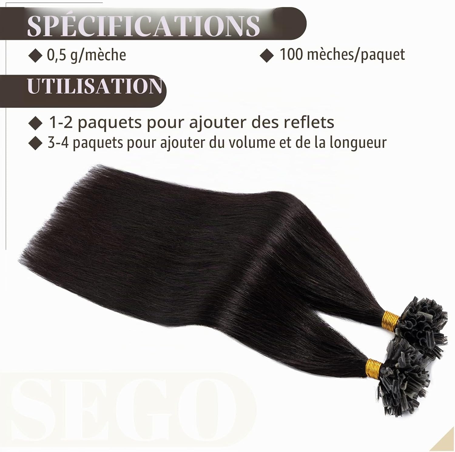 Detalle 2 de SEGO Extension Kératine Cheveux Naturel à Chaud 0.5g/Mèche – 200 mèches, 40 cm, Brun Foncé