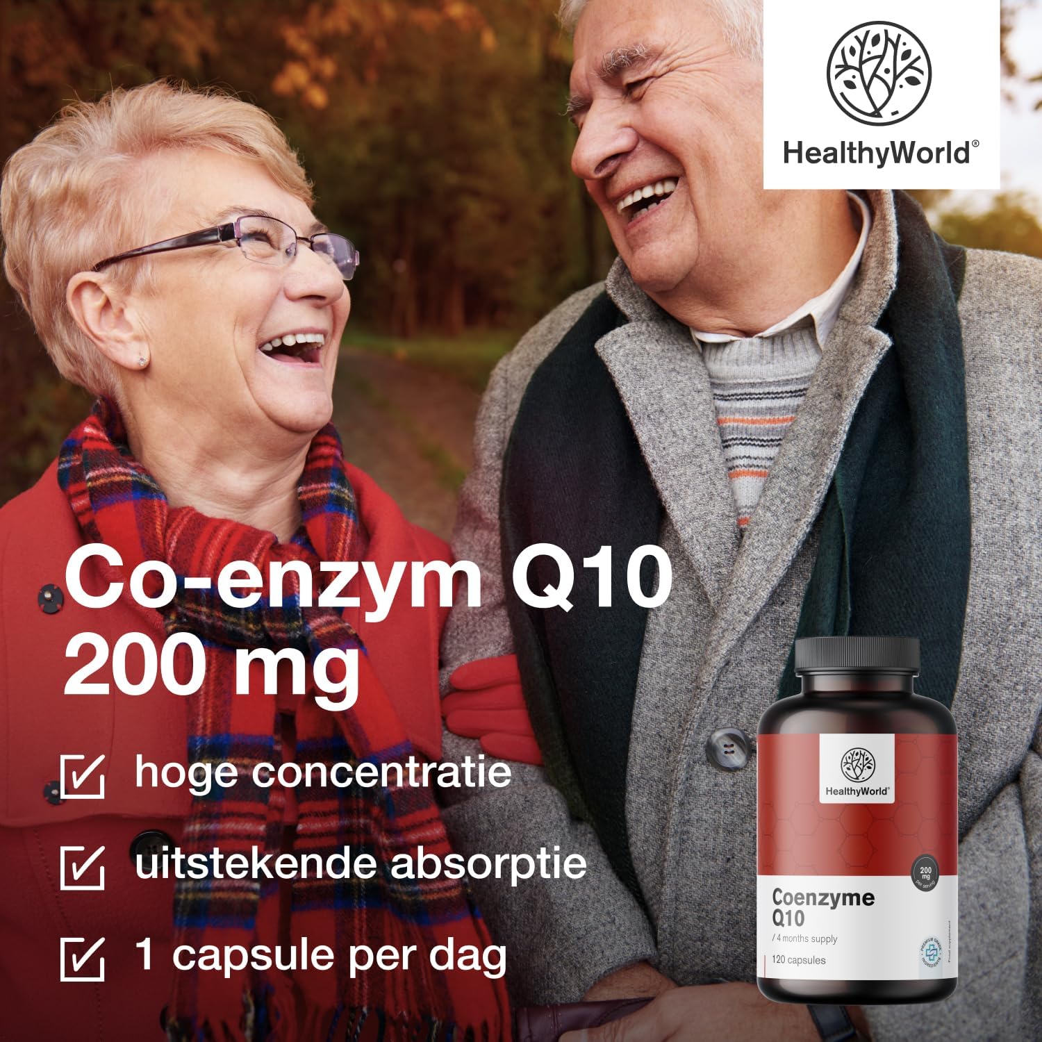 Detalle de HealthyWorld Co-enzym Q10 200 mg, 120 plantaardige capsules