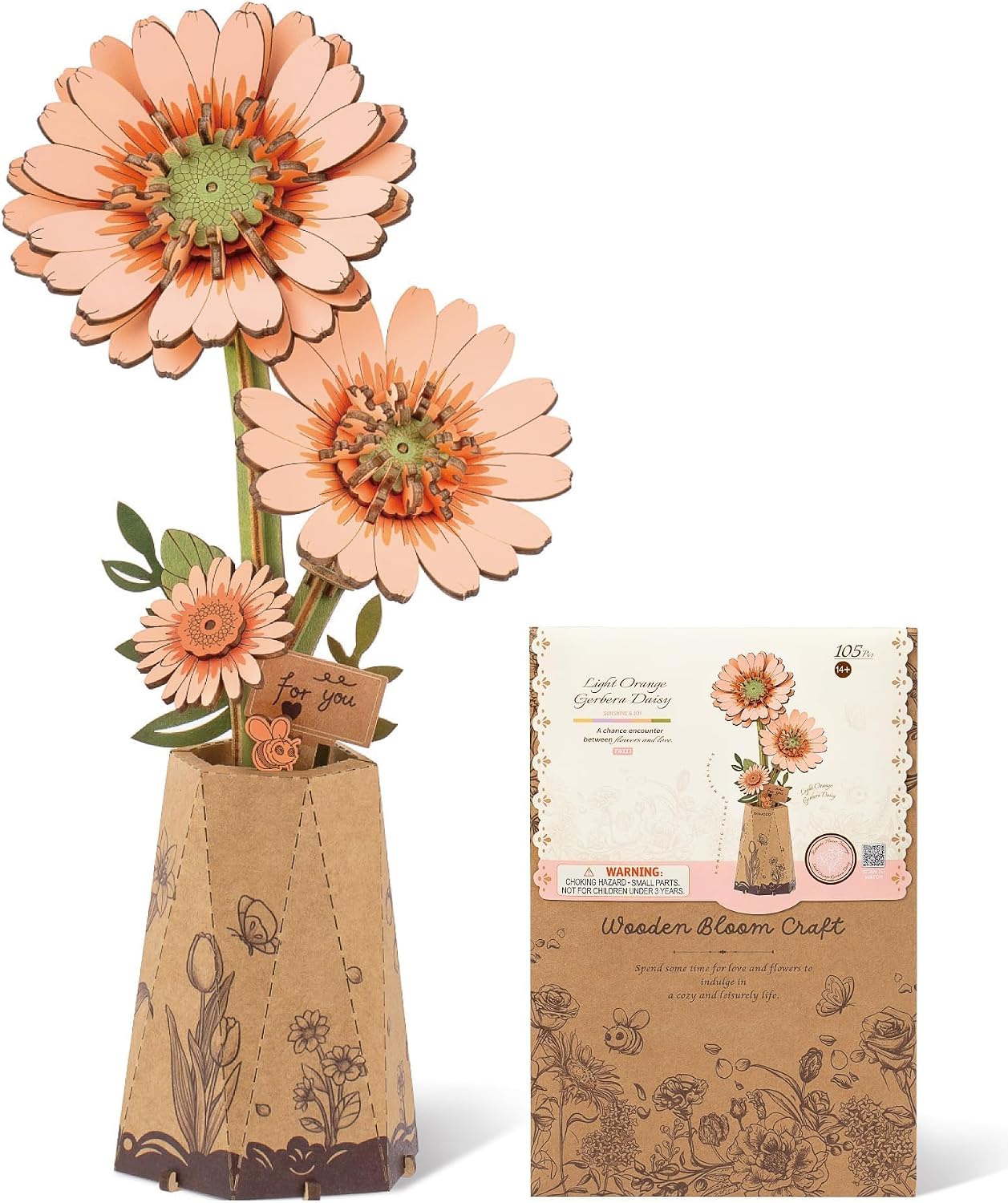 Detalle de ROBOTIME 3D Wooden Flowers Puzzle Light Orange Gerbera Daisy – DIY Kit for Adults