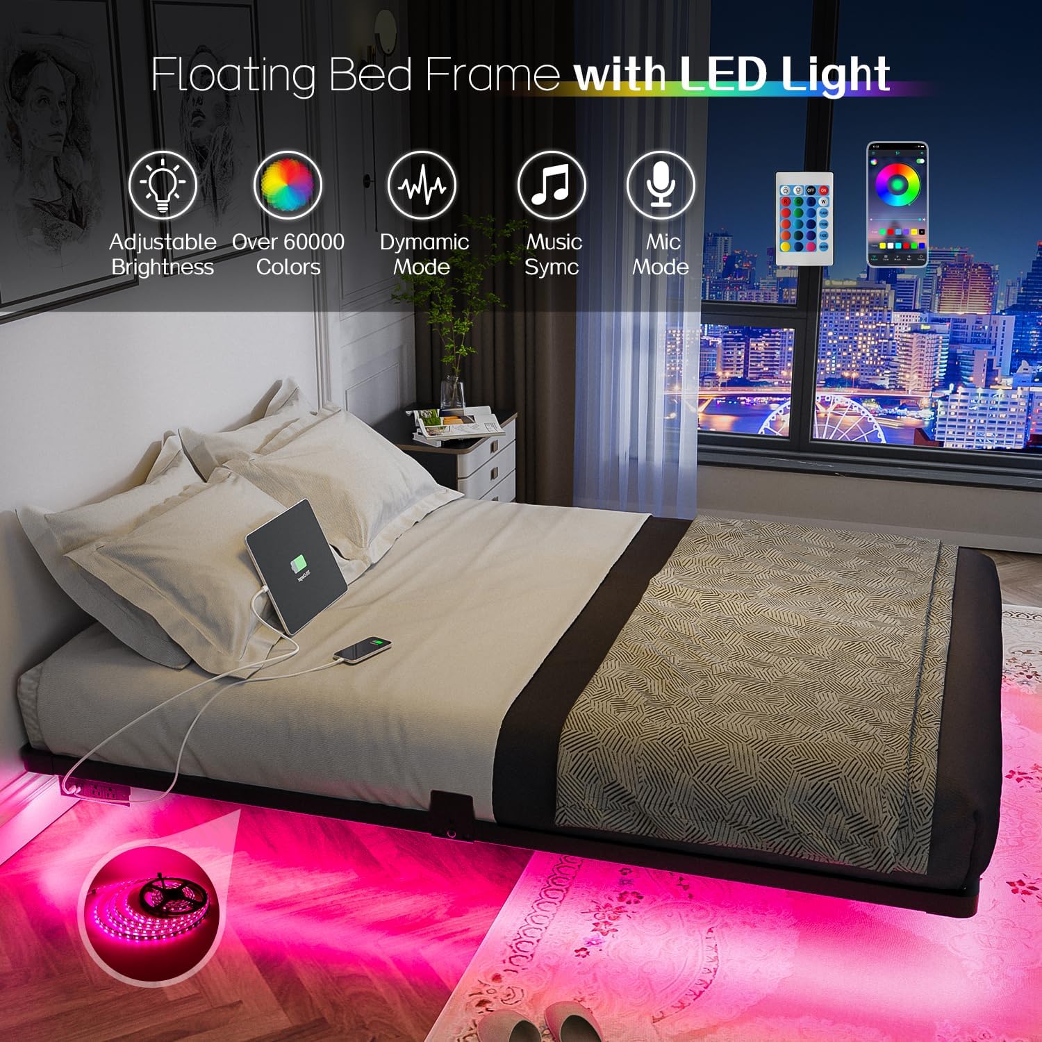 Detalle de OLEVS BF-F-005 Full Metal Platform Bed Frame with LED Lights and Charging Station