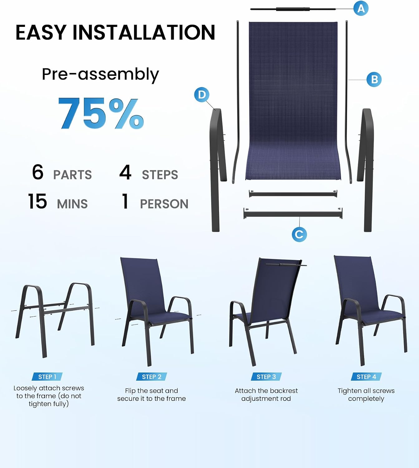 Thumbnail 5 de Outvelar Set of 4 Patio Dining Chairs, Navy Blue Textilene, Stackable, 20-Inch-Wide Seat