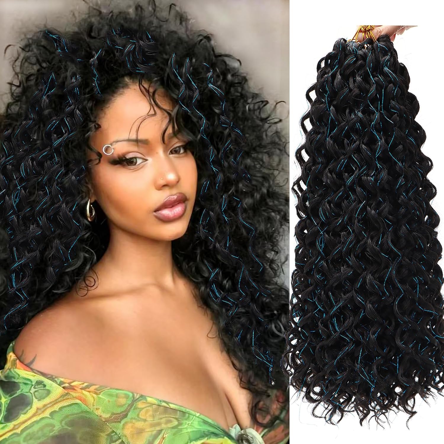 Detalle de YXCHERISHAIR GoGo Curl Water Wave Crochet Hair – 18in, 7 Packs, 1B/HTBlue