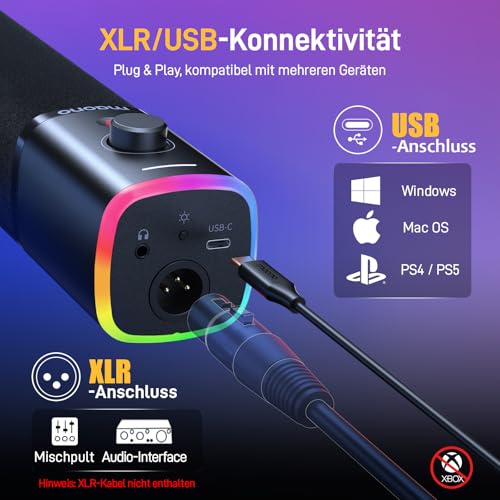 Thumbnail 4 de MAONO PD100XS XLR-USB Streaming Mikrofon mit Arm – Dynamisch, mit Stummschalttaste und Gain-Regler