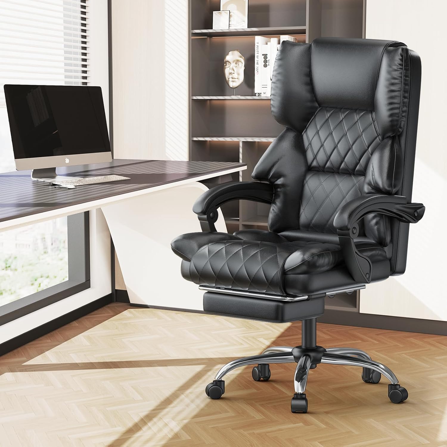 Detalle 2 de naspaluro Sedia da ufficio ergonomica reclinabile con poggiapiedi e schienale alto in PU nera