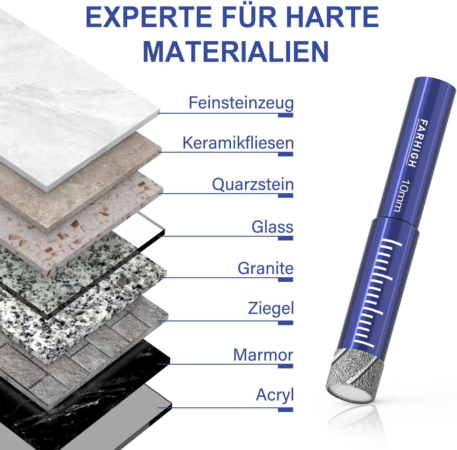Thumbnail 3 de Farhigh Diamantbohrer Set 6-tlg.: Diamant- und Hartmetallbohrer für Keramik, Glas, Fliesen, Stein und mehr