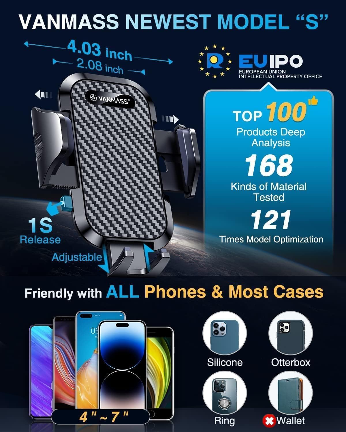 Thumbnail 6 de VANMASS Car Phone Mount, 0.6-Inch Case Clearance