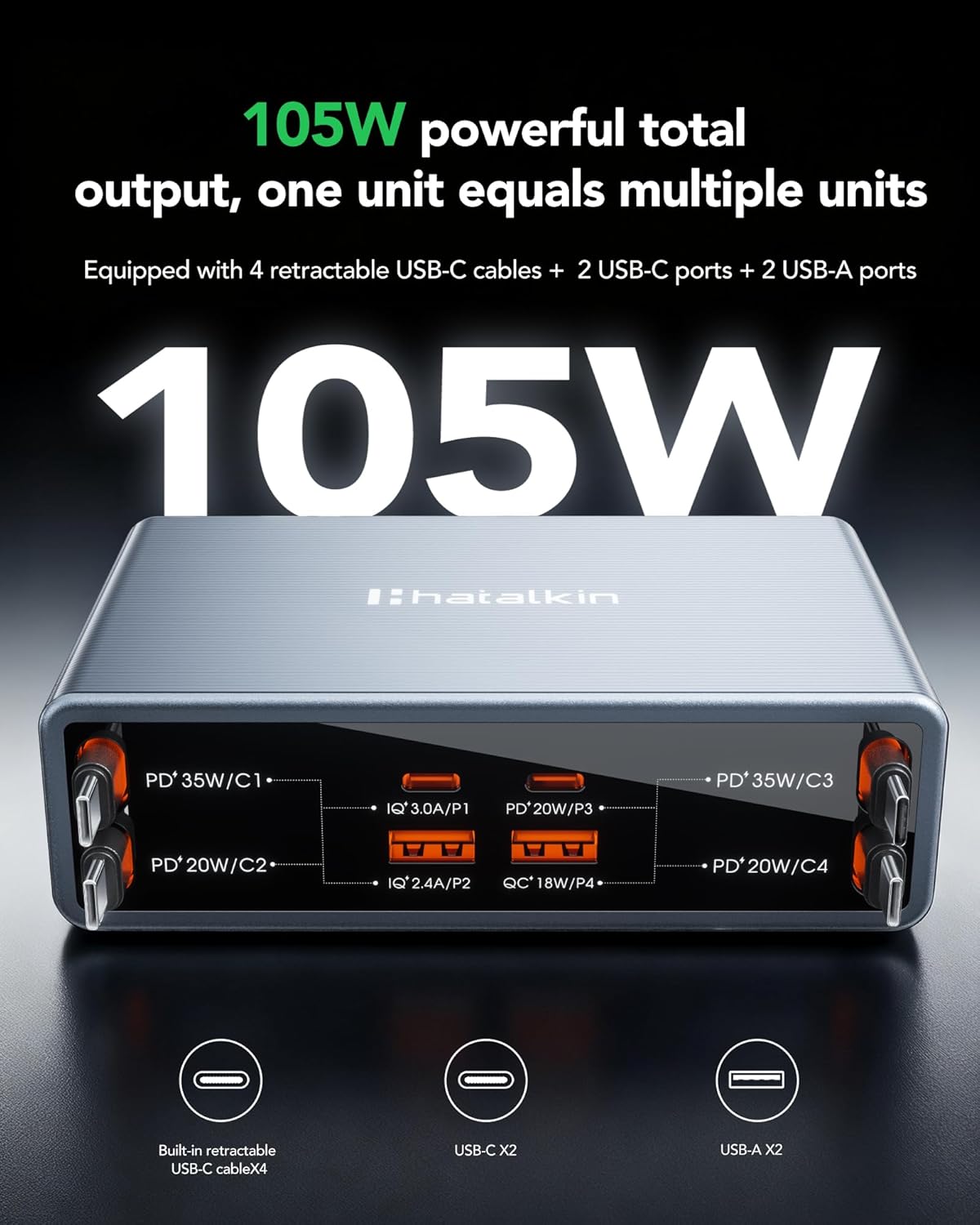 Thumbnail 3 de 8-in-1 Retractable Charger Dock with 105W GaN Power for 8 Devices