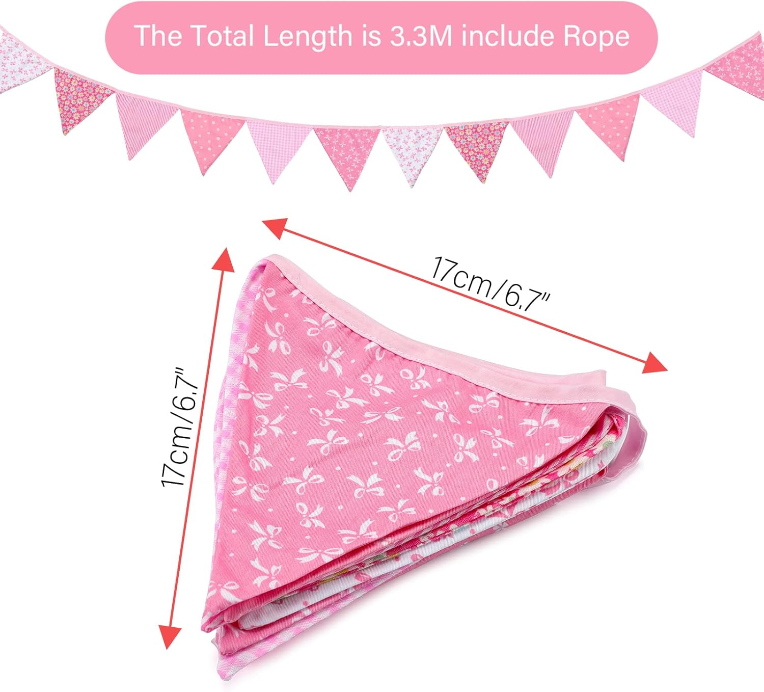 Thumbnail 1 de G2PLUS Double Sided Fabric Bunting Banner – 3.3M Two-Layer Floral Triangle Garland (12 Pink Pennants)