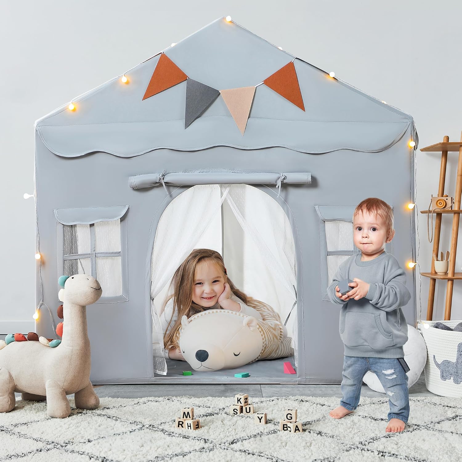 Thumbnail 1 de besrey 2-in-1 Kinderzelt Indoor „Spielhaus“ mit Matte (130 x 90 x 130 cm), Spielzelt/Bettzelt für drinnen ab 3 Jahren – Grau