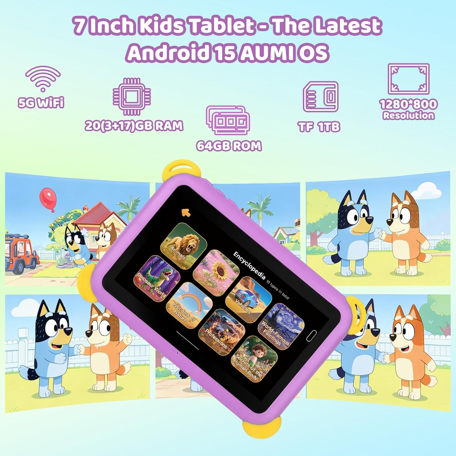 Thumbnail 1 de Kids Tablet 7 inch Android 15 with Parental Control, AI Dual Cameras & Learning (Purple, WiFi 6/BT 5.3)
