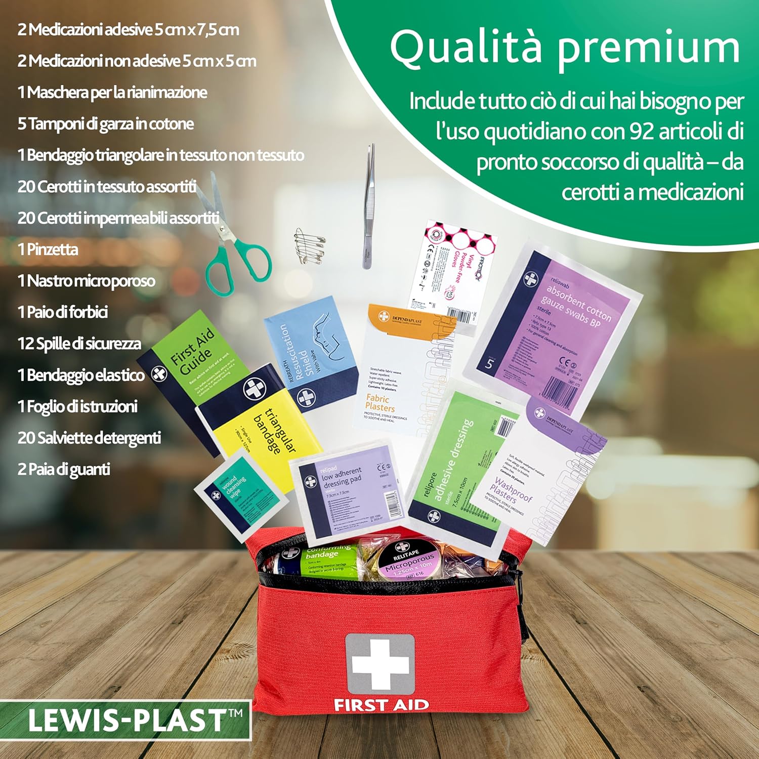 Detalle de Lewis-Plast Kit Pronto Soccorso Completo in Sacca 92 pezzi, grande, conforme alle norme europee