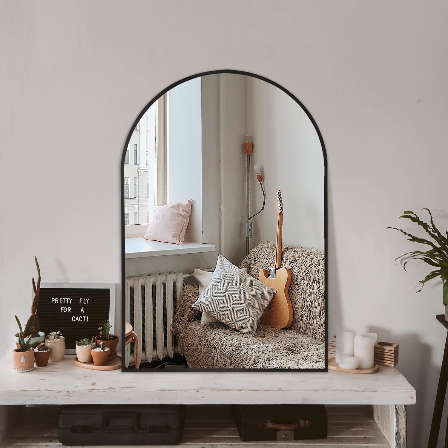 Detalle de Arched Wall Mirror for Bathroom & Vanity, 24x36 Black Metal Frame, Shatterproof Glass