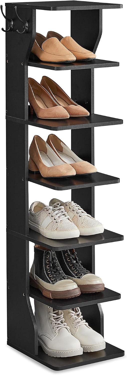 Detalle de VASAGLE LBS200T16 Slim Shoe Rack, Black Engineered Wood Stand with Hooks