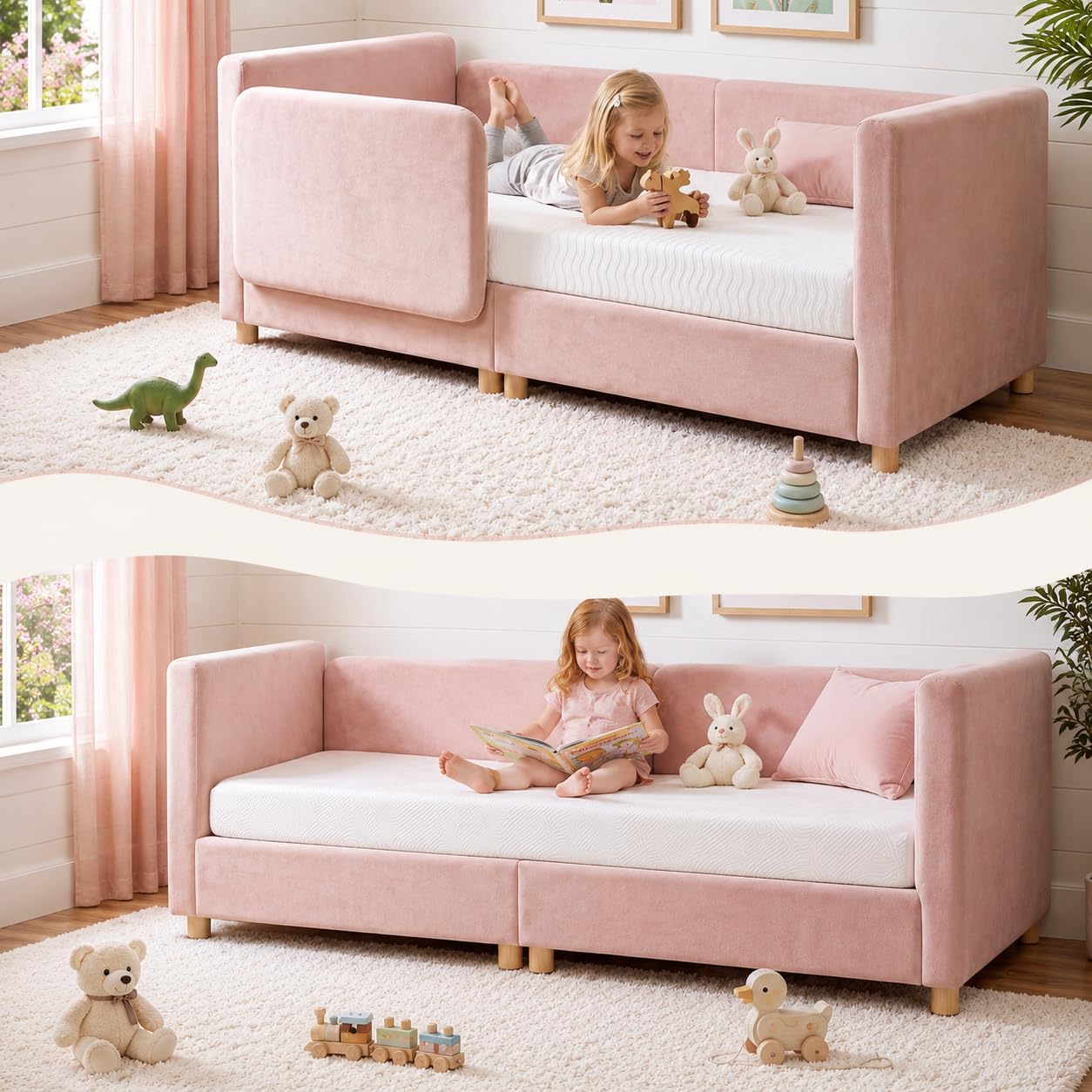 Detalle de Meulbaty Toddler Floor Bed, 2-in-1 Convertible Bed with Pine Frame