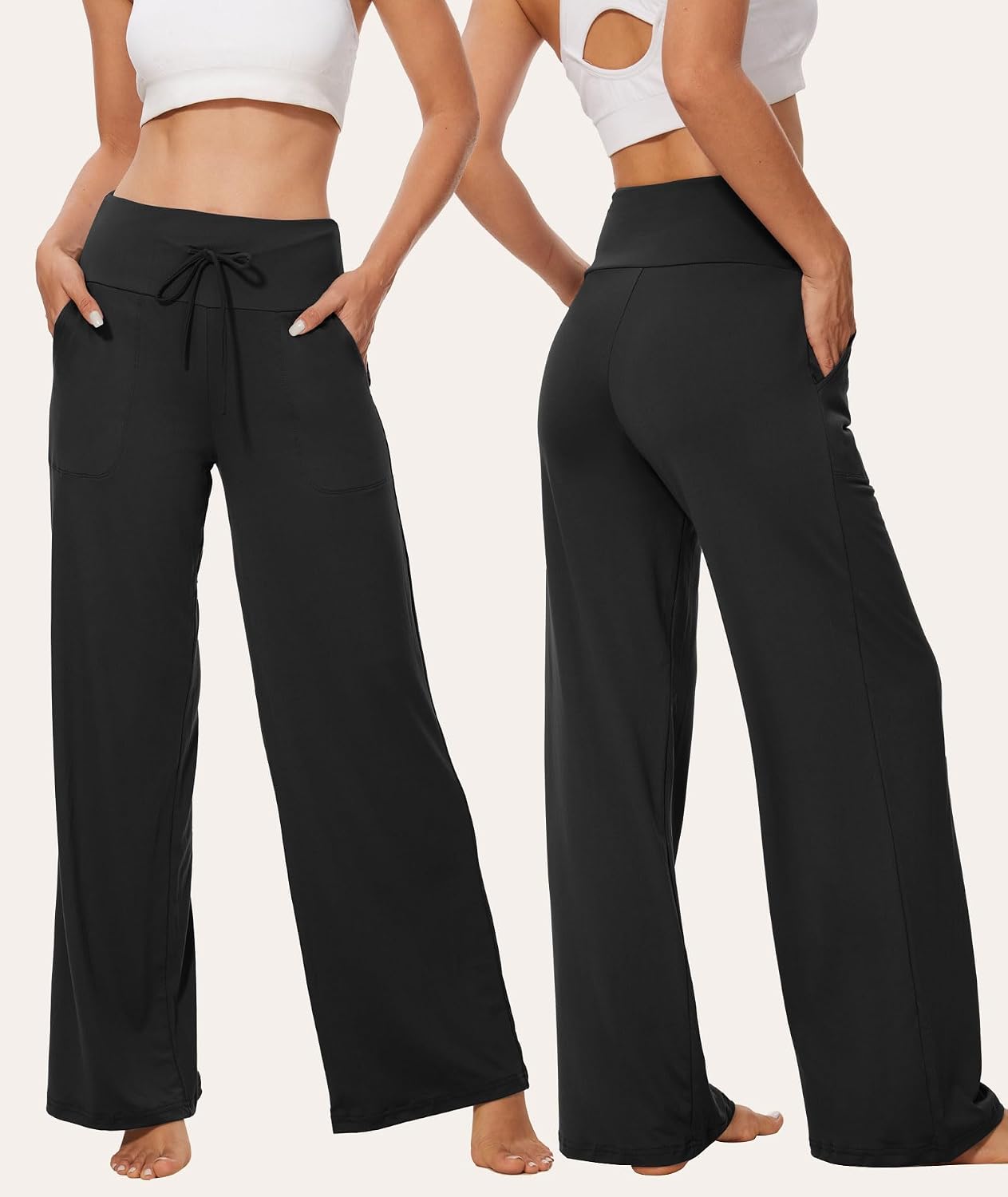 Detalle de TNNZEET 3-Pack Women's Wide-Leg Pants with Pockets and Drawstring Waist
