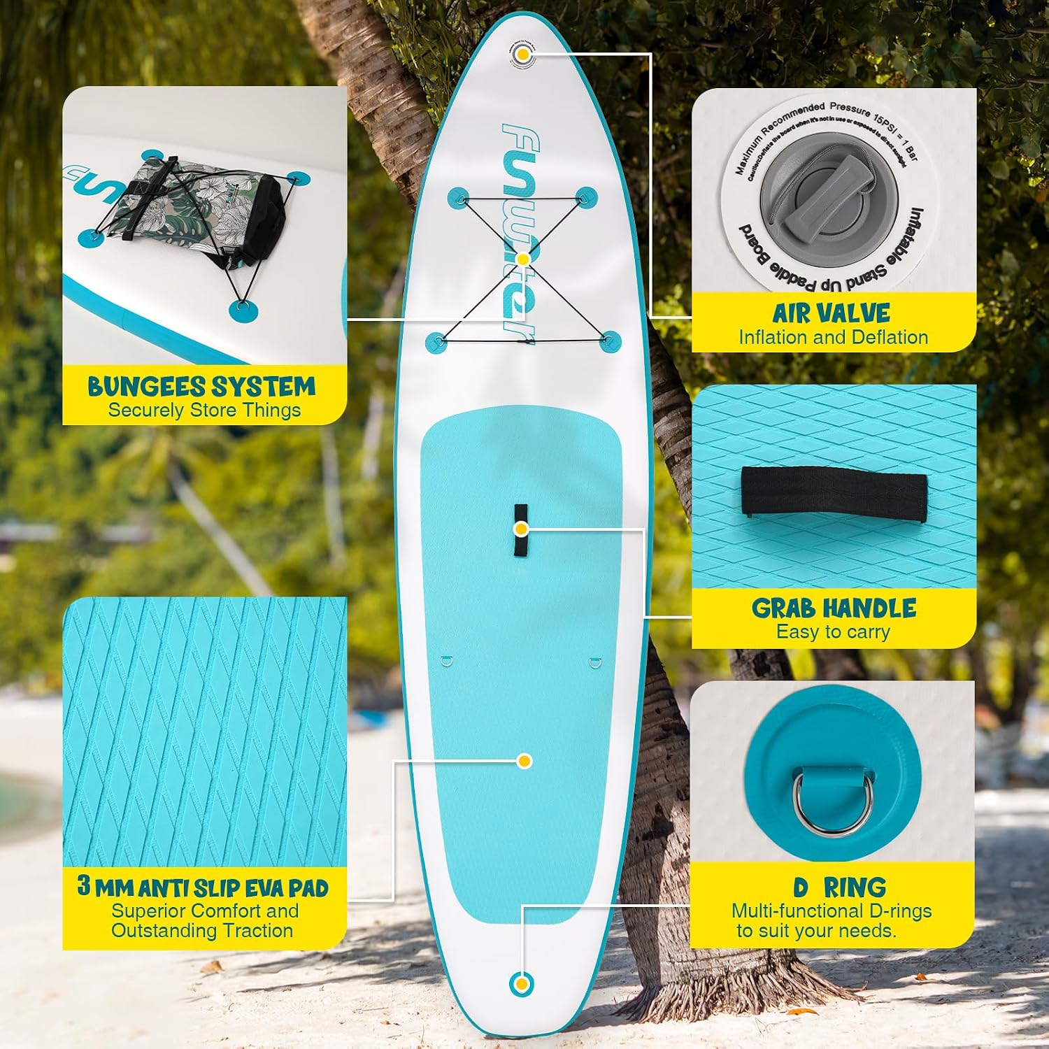Detalle de FunWater Ultra-light Inflatable Stand Up Paddle Board – 10’6 with Adjustable Paddle, Pump, Leash and Backpack