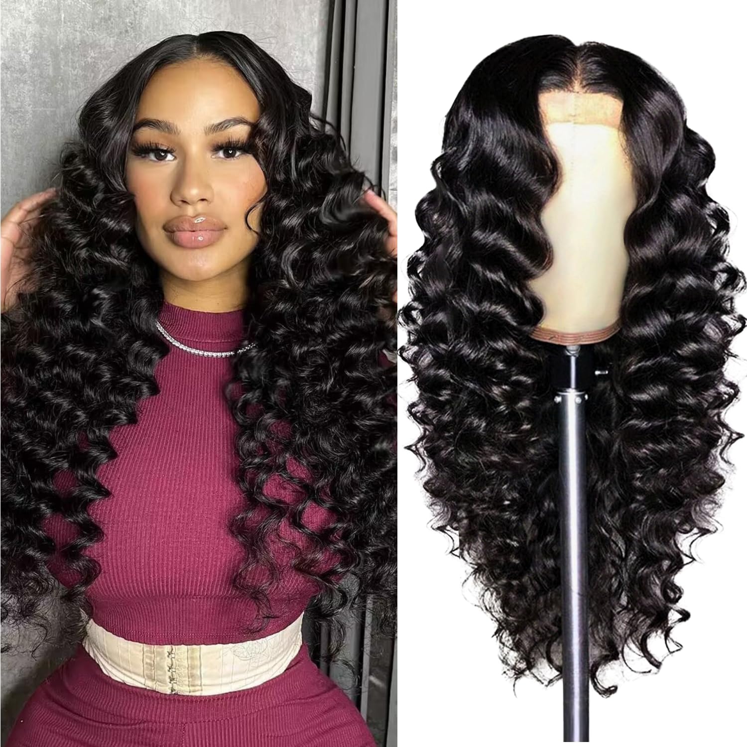 Detalle de PYY Deep Wave Lace Front Wig Human Hair 13x4 HD Lace, 18 Inch