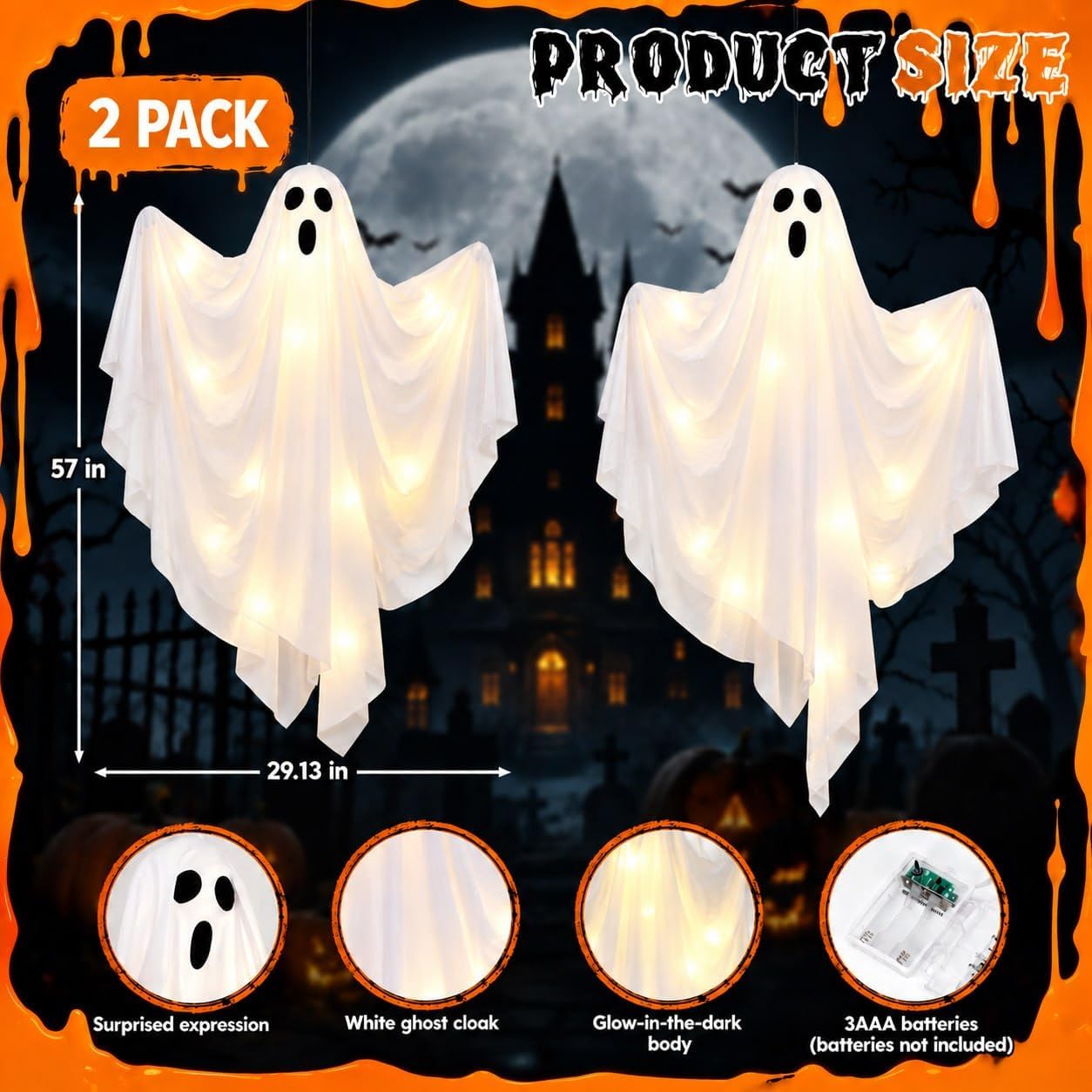 Detalle 2 de Dusk&Decorum 1212 4-Foot Lighted Hanging Ghosts, 2-Pack with Remote