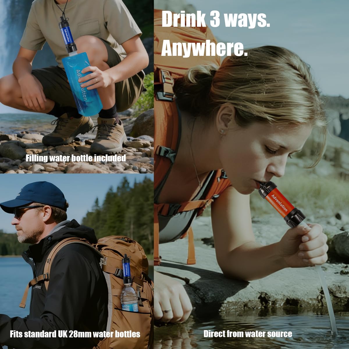 Detalle de Advenlution 2-Pack Water Filter Straw 0.01 Micron — Personal Survival Filtration for Camping and Hiking
